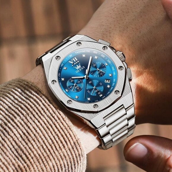Olevs Men\'s Silver-Blue Stain Steel Analog Luminous Waterproof Easy Wear Watch main image 4